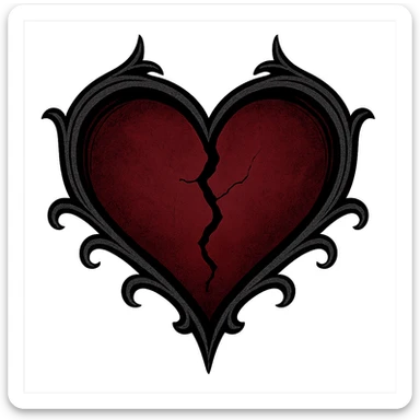gothic style heart with a broken crack, black and deep red colors, transparent background sticker