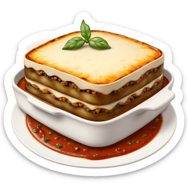 Cinematic Realistic Moussaka Dish Emoji, depicted with layers of eggplant, minced meat, and b√©chamel sauce rendered with rich textures and warm, inviting lighting that captures its Mediterranean flavor. sticker