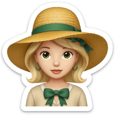 light beige women's straw hat with large brim and dark green bow sticker