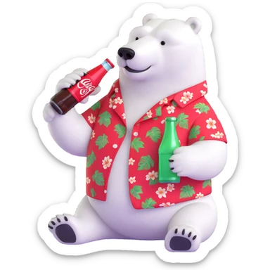 polar bear in a Hawaiian shirt decorated with Coke bottles, holding and drinking a Coca-Cola sticker
