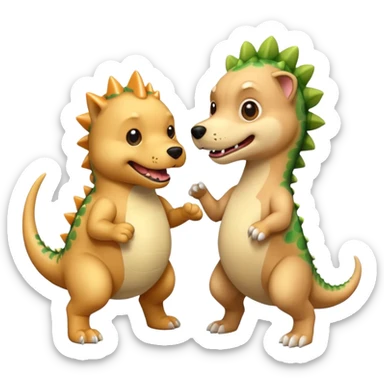 a golden retriever with a dinosaur costume thats killing a chihuahua thats in a dinosuar costume sticker
