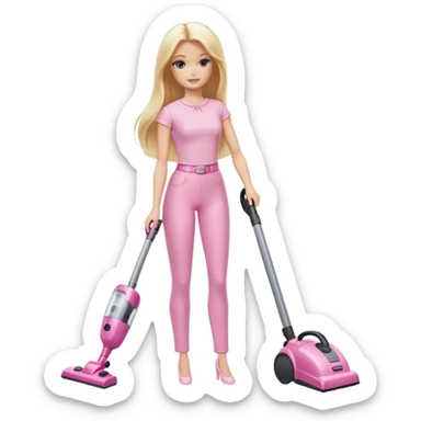 A white Barbie girl with long blonde straight hair in pale pink-colored clothes vacuums sticker