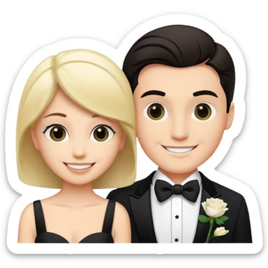 smiling couple in formal attire, white rose pinned to tux sticker