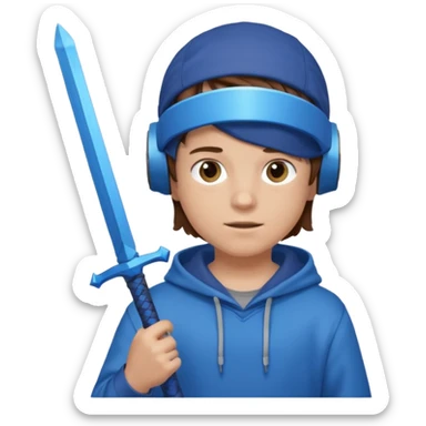 a boy with brown hair, a blue vr headset. a blue hoodie and a blue sword and show the hair sticker