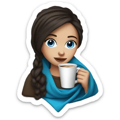  Cute dark Brunette girl with blue eyes wrapped in blanket drinking coffee sticker