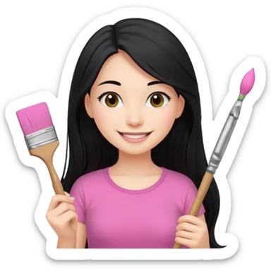 Painting women. smilling   Long black hair,  lunette peinture top pink, pinceau sticker