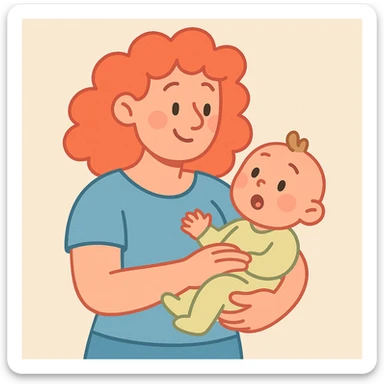 woman with curly red hair holding a baby, soft pastel illustration style sticker