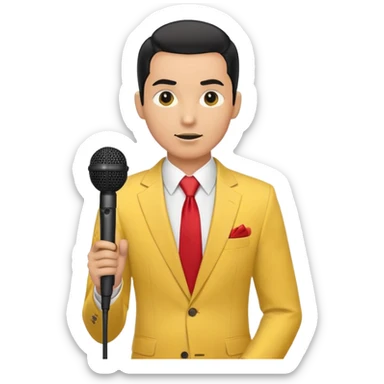 Man with black pulled back hair, wearing a yellow suit and red tie, holding a microphone sticker