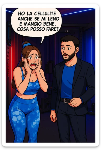TRASFORMA QUESTO CAROSELLO IN UN FUMETTO STILE WEBTOON/MANGA A COLORI CON QUESTE DUE PERSONE IDENTICHE CHE INTERLOQUISCONO TRA LORO, LA DONNA è DISPERATA CON LE MANI SULLE GUANCE E STA DOMANDANDO TUTTA AGITATA UNA COSA ALL'UOMO:

LEI (DONNA): Ho la cellulite anche se mi alleno e mangio bene, cosa posso fare? sticker