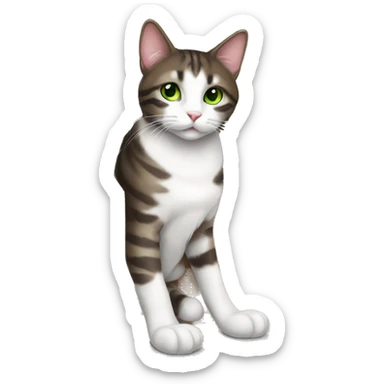 Dark Brown and white tabby cat with green eyes sitting in a box  sticker