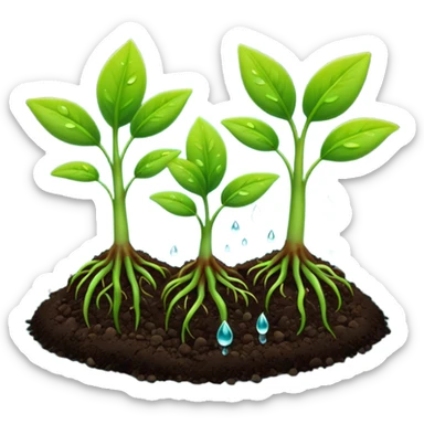 A 3D cartoon view of small green seedlings sprouting from dark soil, soft sunlight, water droplets on leaves, minimal background, realistic Memoji-style look. sticker