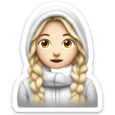A white girl with squinted eyes freezes in the cold, hugs herself to keep warm sticker
