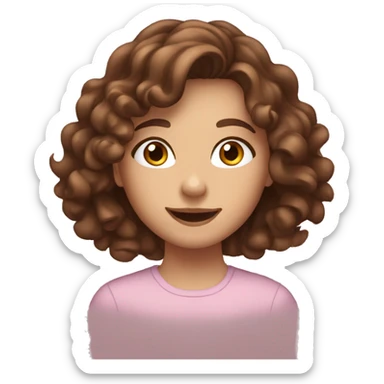 teen girl with long brown curly hair, brown eyes, waving to the camera sticker