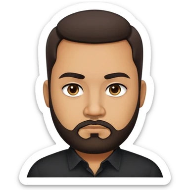 Heavier-set producer with light brown skin, pear-shaped face, full cheeks, serious dark eyes, thick eyebrows, wide nose, confident expression, short well-groomed beard, very short dark hair, wearing a black dress shirt sticker