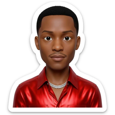 Ginuwine with black short hair, red metallic shirt, silver necklace sticker