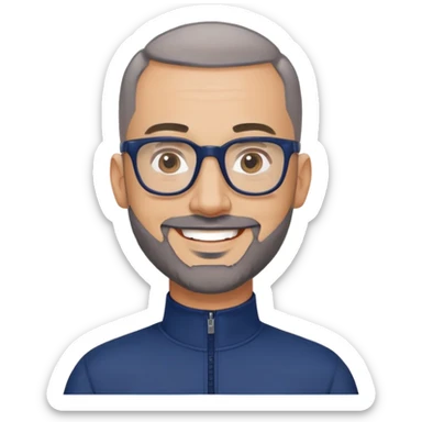 40-year-old light-skinned man with almost buzzcut haircut, short gray beard, large black-framed glasses, smiling face, wearing a navy blue zip-neck long sleeve athletic shirt sticker