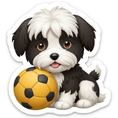 mostly white & black Havenese dog standing with ball sticker