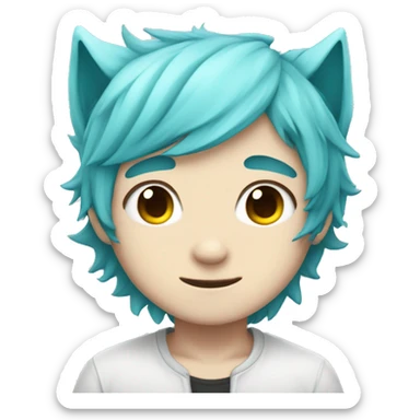 chibi white skin cyan hair boy with wolf ears happy sticker