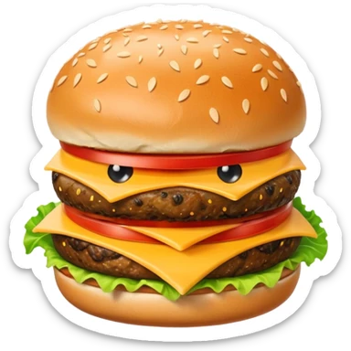 Create an image of a burger face with eyes and mouth pooping up in blue background sticker