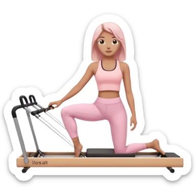 a girl doing reformer pilates, she is wearing a pastel pink fit and she has dark straight and loose hair.  sticker