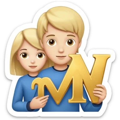 Create two letters, N and Y, in the shape of sisters. Create an image of a boy holding the letter N and a girl holding the letter M  sticker