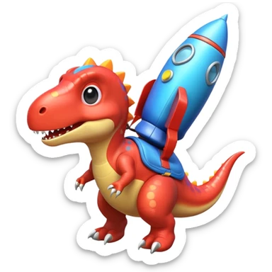 cute toy-like rocket-propelled dinosaur, rounded shapes, glossy texture, colorful rocket backpack, happy expression, 3D cartoon, mobile game icon style, clean background, no text, no watermark
 sticker