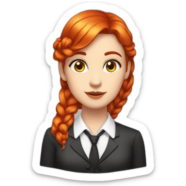 White Woman, red hair with fishtail braids and side swipe bangs, red hair, yellow eyes, white button up shirt, black tie. sticker