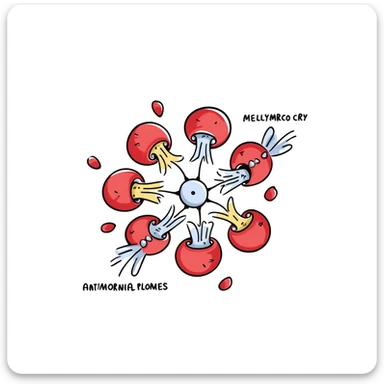 Anatomical diagram of antimicrobial mechanism: red bacteria with labeled parts (cell wall, membrane, DNA) surrounded by yellow antibiotic molecules and blue antimicrobial peptides breaking through cell structures. Hand-drawn scientific illustration with detailed cross-section view. sticker