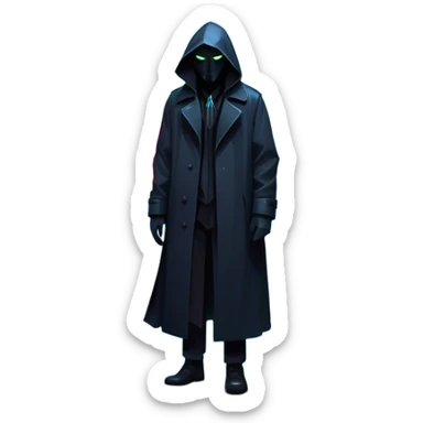 Movie Poster: A tense, gripping design with dramatic lighting. Include a mysterious figure in a dark coat standing in a rain-soaked alley, with glowing neon signs in the background. Shadows loom, and ominous shapes emerge from the mist. Suspenseful and cinematic atmosphere. Transparent background. sticker