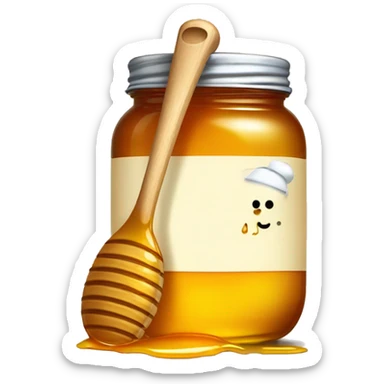 A jar of honey with a honey grooved spoon that is dripping honey  sticker