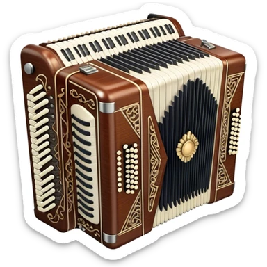 Cinematic Realistic image of a classic accordion, rendered with finely detailed textures and intricate keywork, set against a backdrop of soft, ambient lighting that highlights its vintage charm sticker