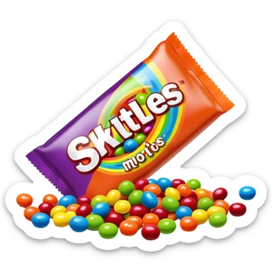A vibrant rainbow-colored Skittles package with only bright green candies spilling out. The package is very colorful with red, orange, yellow, purple and blue, while all the candies are exclusively green. sticker