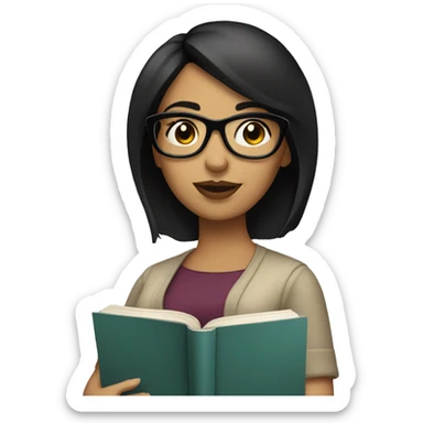 Hispanic woman with short straight black hair  and dark glasses with a book sticker