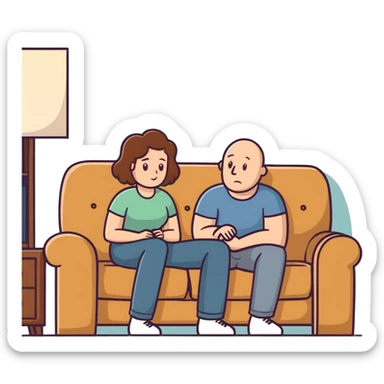  One Caucasian woman with brown hair, big boobs, wearing pants sitting on couch with a bald man that has a big lump in his pants sticker