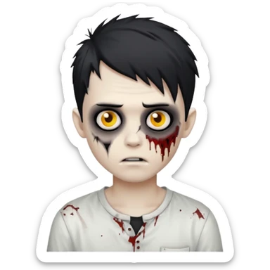 zombie boy with messy black emo hair, white shirt, scar on cheek, classic emoji style sticker