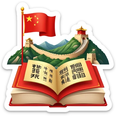 An icon featuring the Great Wall of China and the flag of China, symbolizing the Chinese language. The design includes an open book with Chinese characters and a red lantern, representing language learning and rich cultural tradition. Transparent background highlights the depth of Chinese heritage. sticker