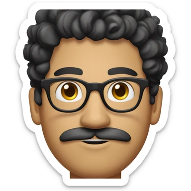 White man with his black curly hair in a big bun, big round glasses, a moustache and a goatee sticker