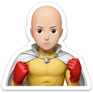 Saitama from One Punch Man, bald head, blank expression, yellow hero suit with white cape, red gloves sticker