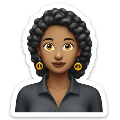 Mujer morena con pelo negro largo con pendientes circulares con sueter polo negro  sticker