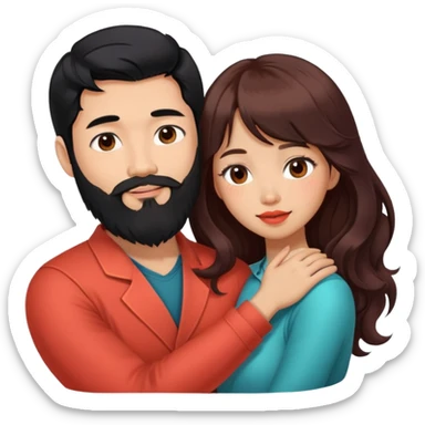 handsome tall asian man with long black hair and beard, hugging cute woman with tan skin and long wavy reddish brown hair with bangs and coral lipstick sticker