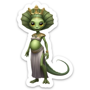 Pregnant reptilian alien woman, full body, have a crown sticker