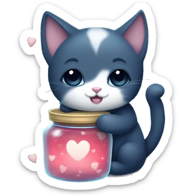 cute midnight sky colored cat hugging a jar filled with bright white hearts sticker
