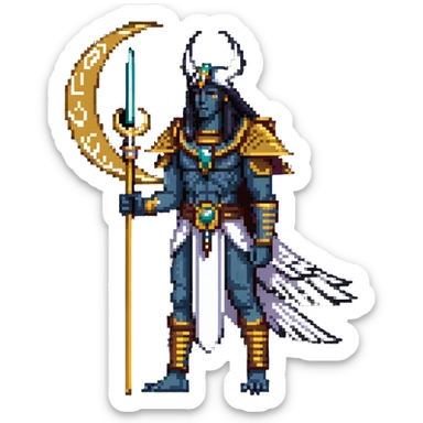 Egyptian moon god Khonsu with falcon head, lunar disk and crescent moon on head, divine staff sticker