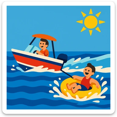 a small motorboat pulling a yellow inner tube with a person, water splashing, sunny day sticker