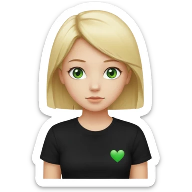 Girl with green eyes, blonde with an even hole with straight hair up to the waist in a black t-shirt sticker