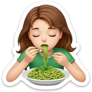 Brown haired girl eating green pasta asleep w drool sticker
