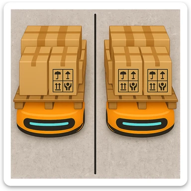 Two Automated Guided Vehicles (AGVs) side by side viewed from above, each fully loaded with pallets carrying many boxes, in the style of Apple emojis. Below the AGVs is a realistic concrete floor with a clear, continuous line running between the vehicles. The rest of the background remains transparent. sticker