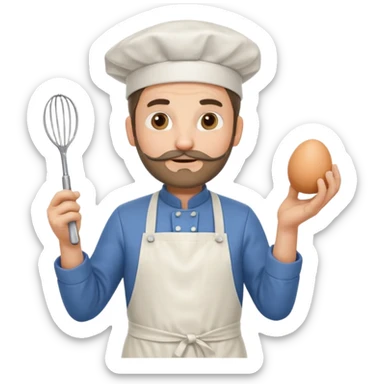 Middle aged male pastry chef - with a small beard, apron, white hat, holding an egg beater in his right hand, and his left hand naturally hanging down to his side sticker