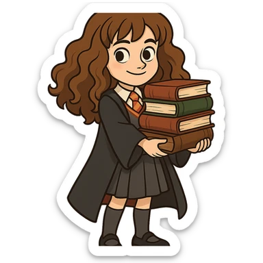Harry Potter series, cartoon style, Hermione holding a stack of books sticker