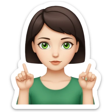Short haired brunette girl, with green eyes holding middle fingers sticker